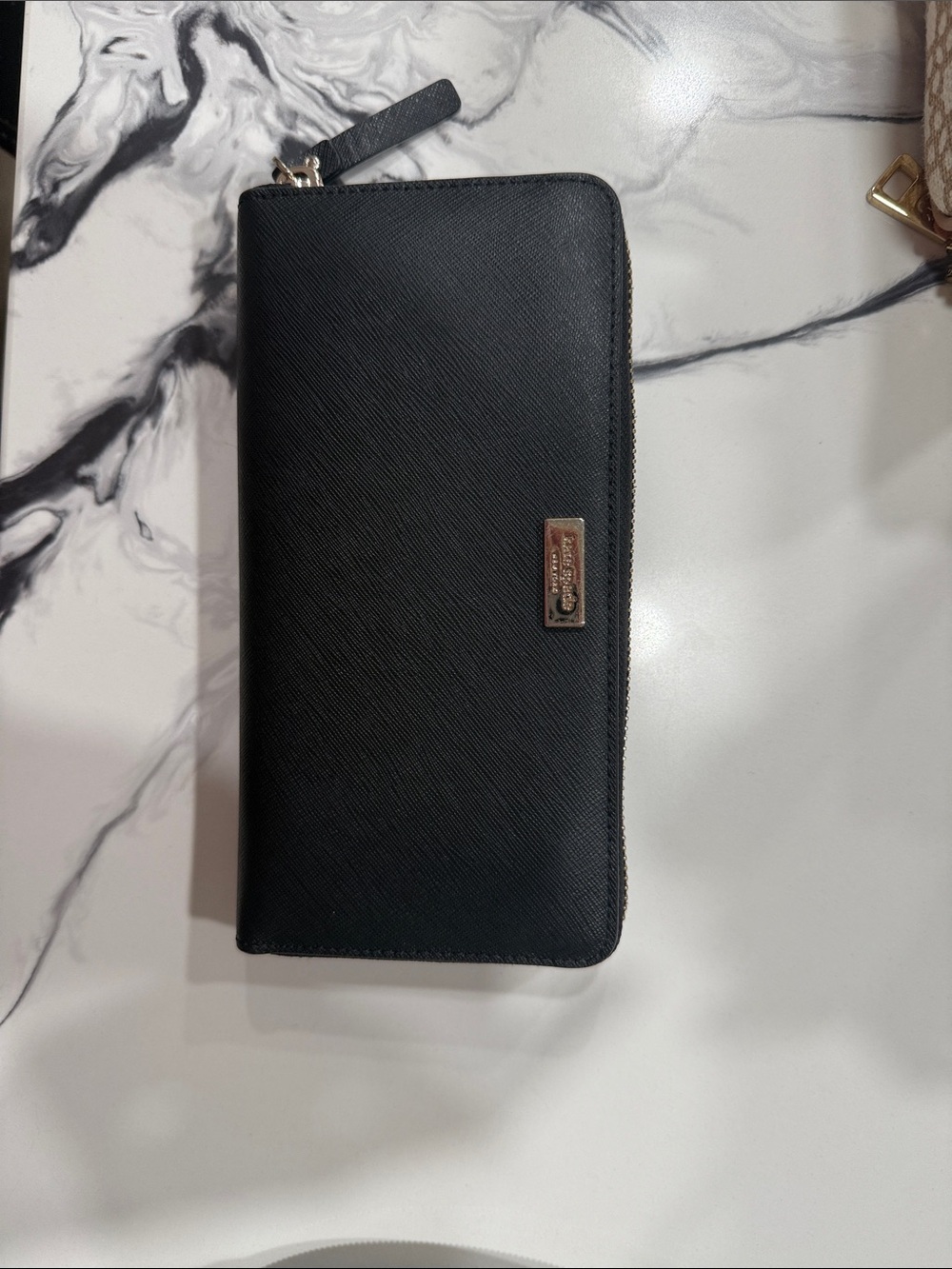 kate spade Black Saffiano Zip Around Wallet with Gold Plaque